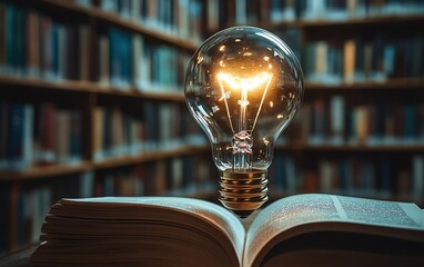 Ideas and knowledge theme with a bright light bulb at the center of a book circle, highlighting the connection between creativity and education