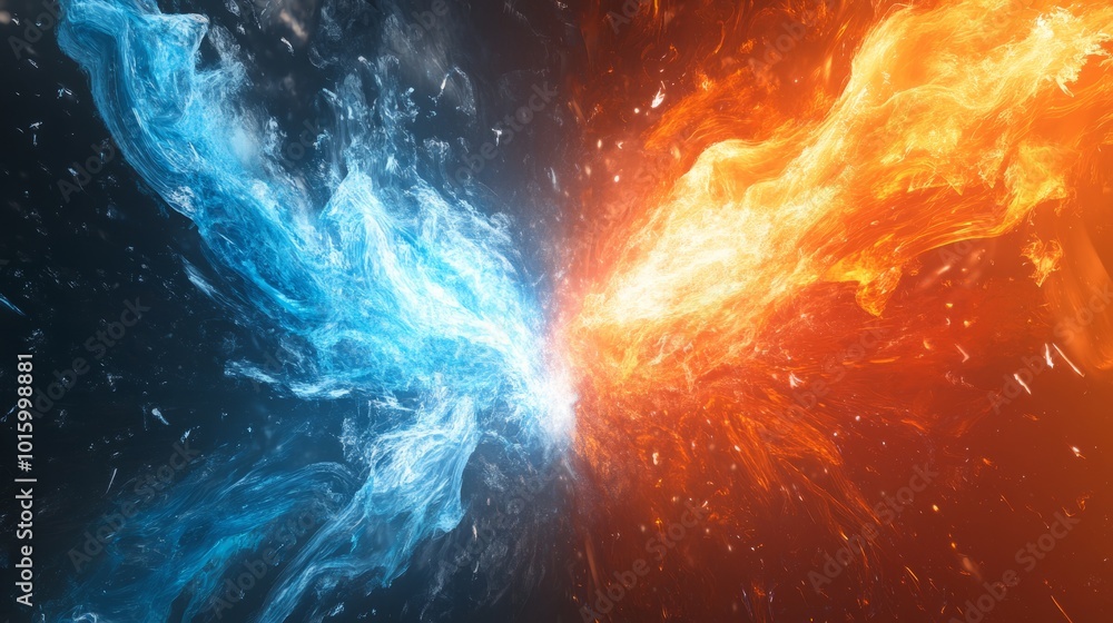 Poster dynamic clash of fiery red and icy blue waves creating a powerful visual spectacle, capturing elemen