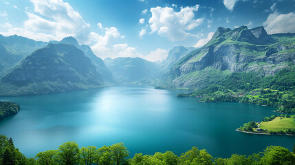 Fototapeta premium Stunning mountain lake surrounded by lush green hills under a vibrant sky