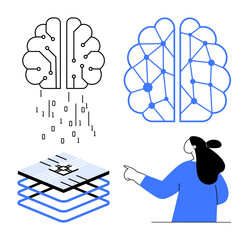 A neural network brain, circuit board brain with binary code, layered data and a person pointing. Ideal for technology, artificial intelligence, machine learning, science, and data visualization