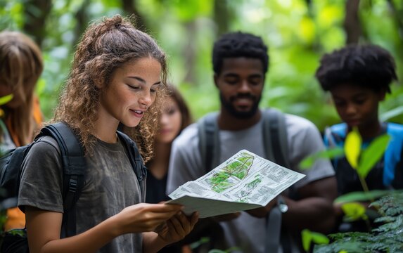 Students and their teacher on an educational field trip, exploring a lush forest, emphasizing handson learning and nature appreciation