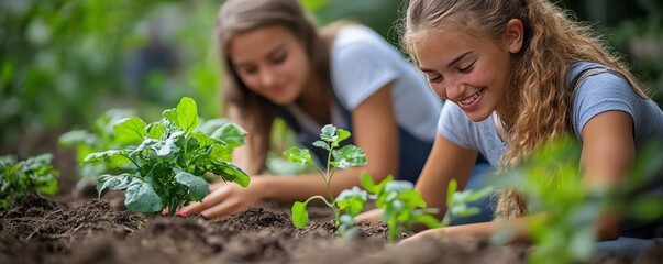 Fototapeta premium Teen girls actively involved in a community garden, planting and nurturing plants together, reflecting a passion for gardening and teamwork
