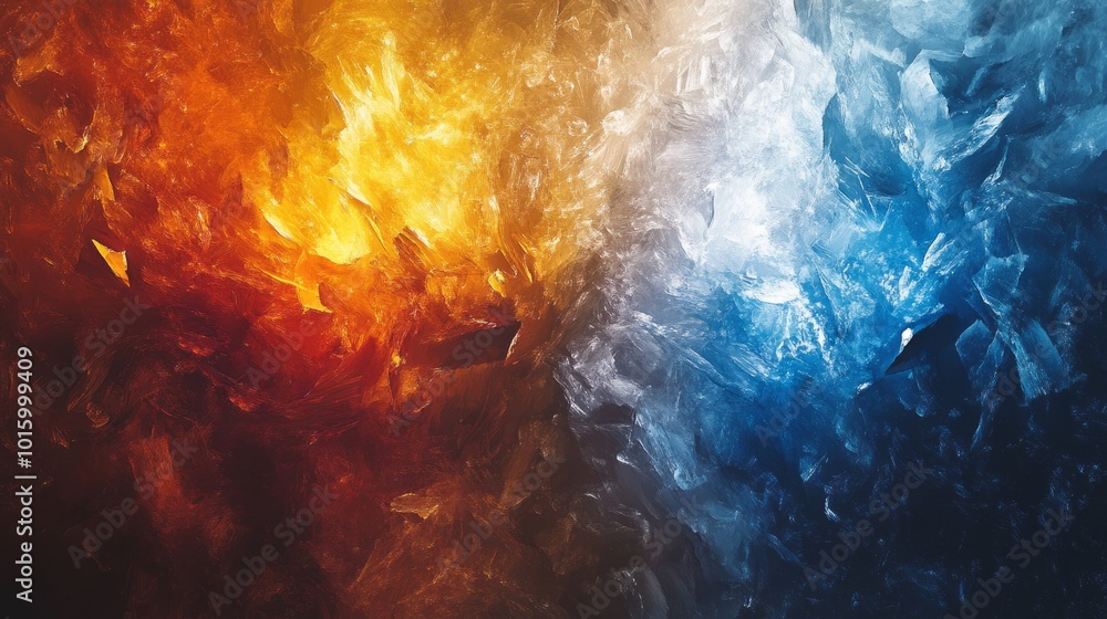 Poster dynamic clash of fiery red and icy blue waves creating a powerful visual spectacle, capturing elemen