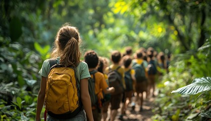 Woman teacher leading a group of kids through a green, lush forest on a school trip, promoting nature exploration and environmental learning