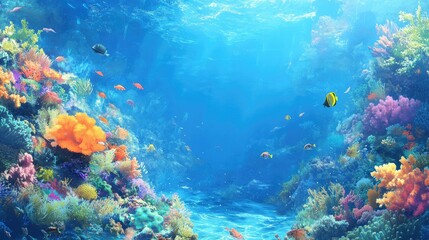Naklejka premium A stunning coral reef scene with fish swimming by. Ample room for copy in the surrounding ocean.
