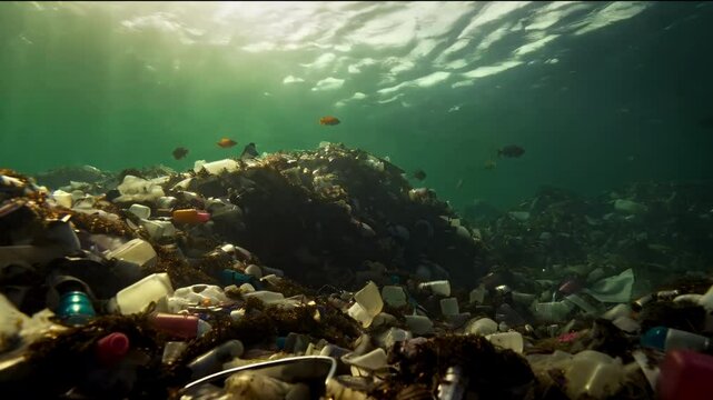Environmental disaster concept. Plastic Island or Great Pacific Garbage Patch or Pacific Trash Vortex, consisting mainly of plastic, light metals and organic residues