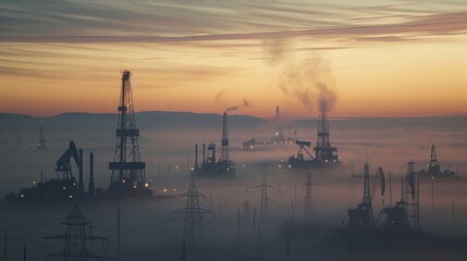 Fototapeta premium Silhouetted Oil Rigs Against a Misty Sunset Sky