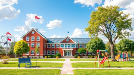 Naklejka premium School background, Bright and Cheerful School Building with Playground in the Foreground