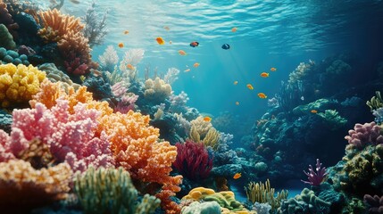 Obraz premium A vibrant coral reef scene with fish darting through. Open blue water provides ample copy space.