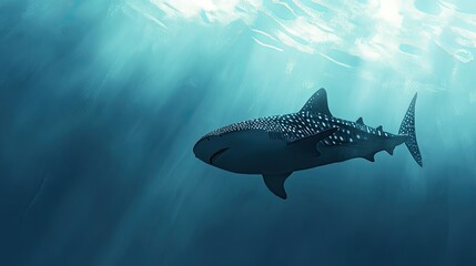 Naklejka premium A whale shark gliding through the ocean depths, with ample space for text in the background.
