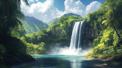 Fototapeta premium Serene Waterfall in Lush Tropical Paradise