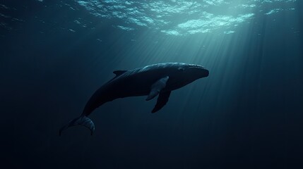 Naklejka premium A whale swimming gracefully through the ocean depths. Copy space available in the water.