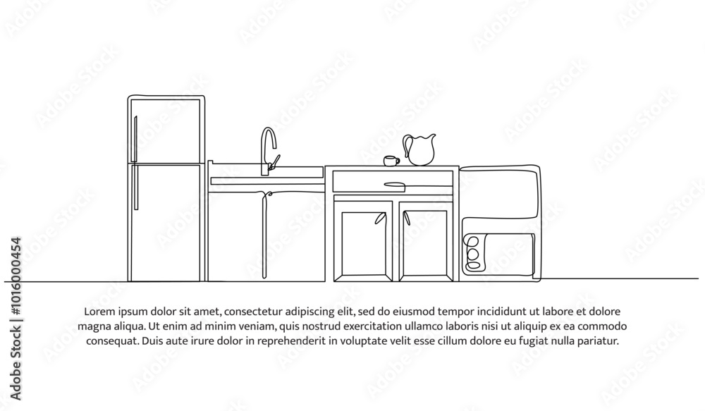 Wall mural continuous one line design of kitchen interior. minimalist style vector illustration on white backgr