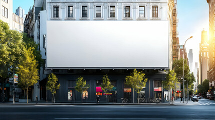 A Large Blank Billboard Hangs on a Building in a Bustling City Setting with Trees and Traffic