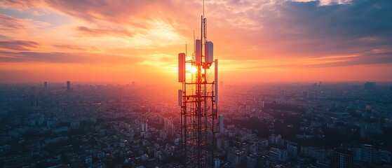 Detailed view of a 5G base station receiver on a telecommunication tower, highlighting network connectivity and advanced tech, highquality image