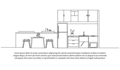 Continuous one line design of kitchen interior. Minimalist style vector illustration on white background.