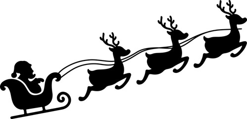Vector silhouette of Santa Claus riding his sleigh pulled by reindeer. Perfect for Christmas elements and holiday design projects. Isolated and easy to use.