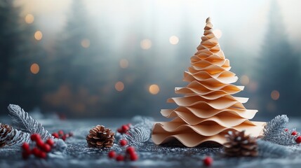 A minimalist paper Christmas tree surrounded by snow, pine cones, and festive decorations