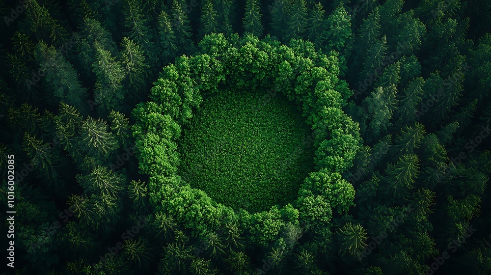 Poster aerial view of a circular clearing in a dense forest.