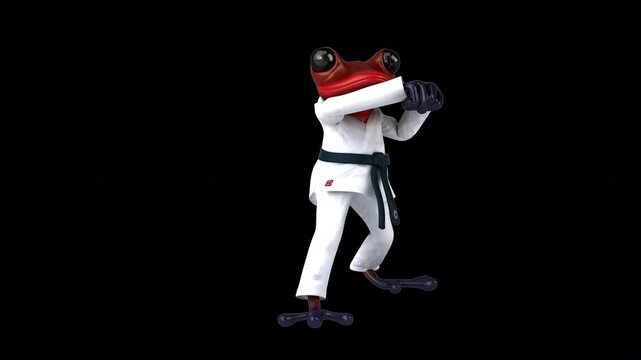 Fun 3D cartoon karateka frog doing a jodan age uke (with alpha channel)