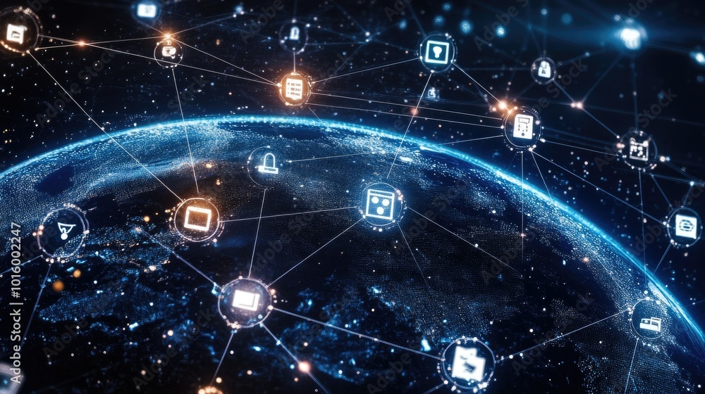 Poster cybersecurity icons floating over a glowing globe on a tech background. copy space available.