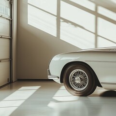 White classic car in a garage