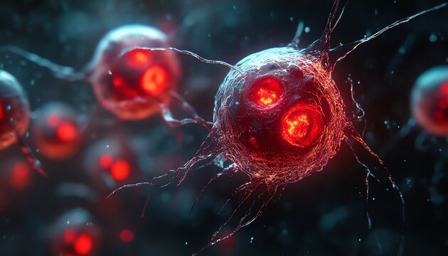 Bright red centers in apoptotic cells viewed under a microscope, representing detailed cell death mechanisms, highresolution and clear