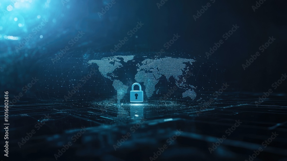 Poster cybersecurity padlock icon hovering over a futuristic digital world map. ample space for copy.