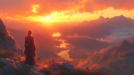 Obraz premium A lone figure stands on a mountaintop, silhouetted against a breathtaking sunset over a valley with a winding river, shrouded in mist.