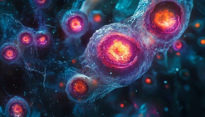 Closeup of cells undergoing apoptosis, featuring bright red centers, highlighting mechanisms of cell death, highquality and detailed