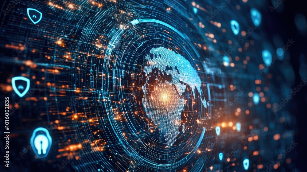 Poster cybersecurity shield icons surrounding a glowing globe on a tech background. copy space available.