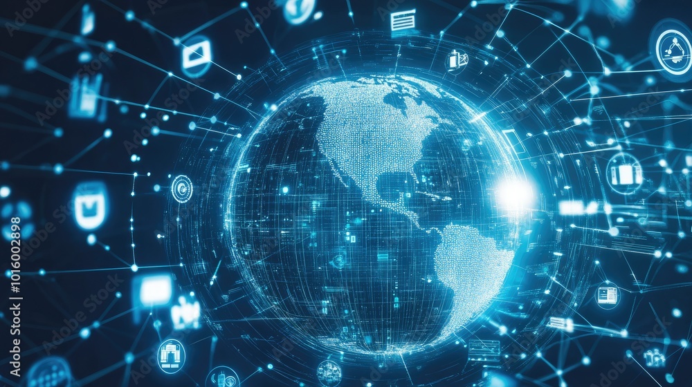 Poster cybersecurity symbols surrounding a digital globe on a tech background. open space for copy