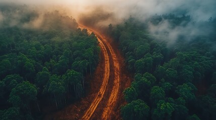 Fototapeta premium Aerial view of a winding dirt road through a dense forest, with mist and sunlight streaming through the trees.