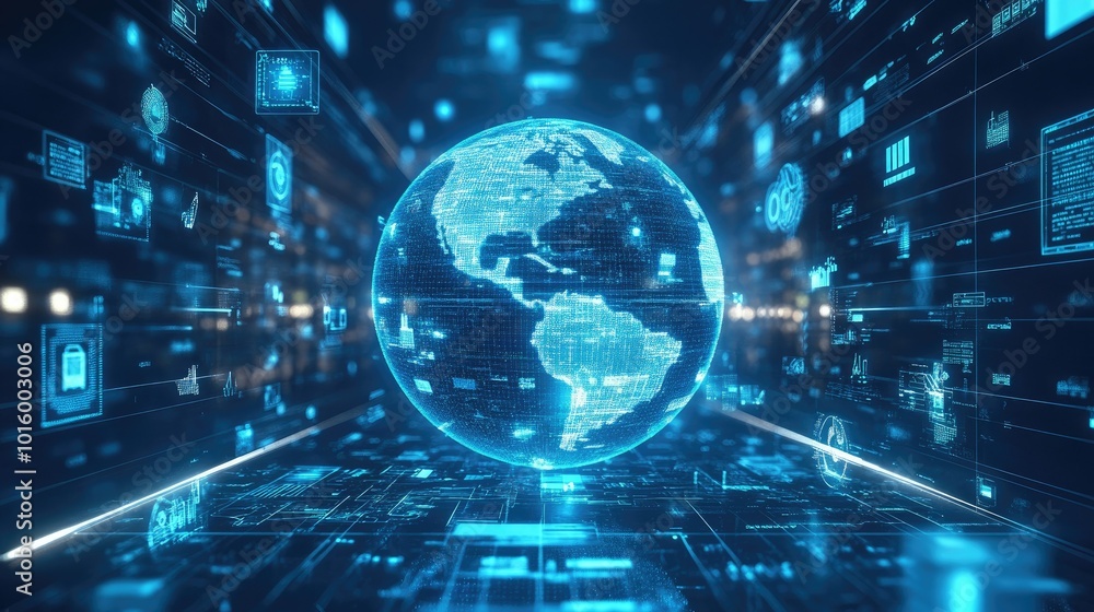 Poster digital globe surrounded by firewall icons representing global cybersecurity. room for copy in the b