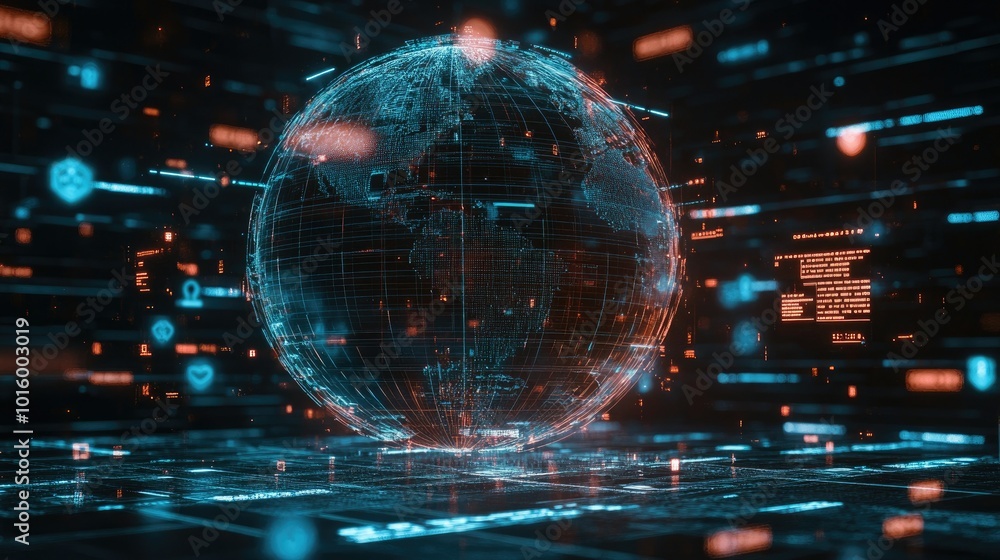 Aufkleber digital globe surrounded by firewall icons representing global cybersecurity. room for copy in the b