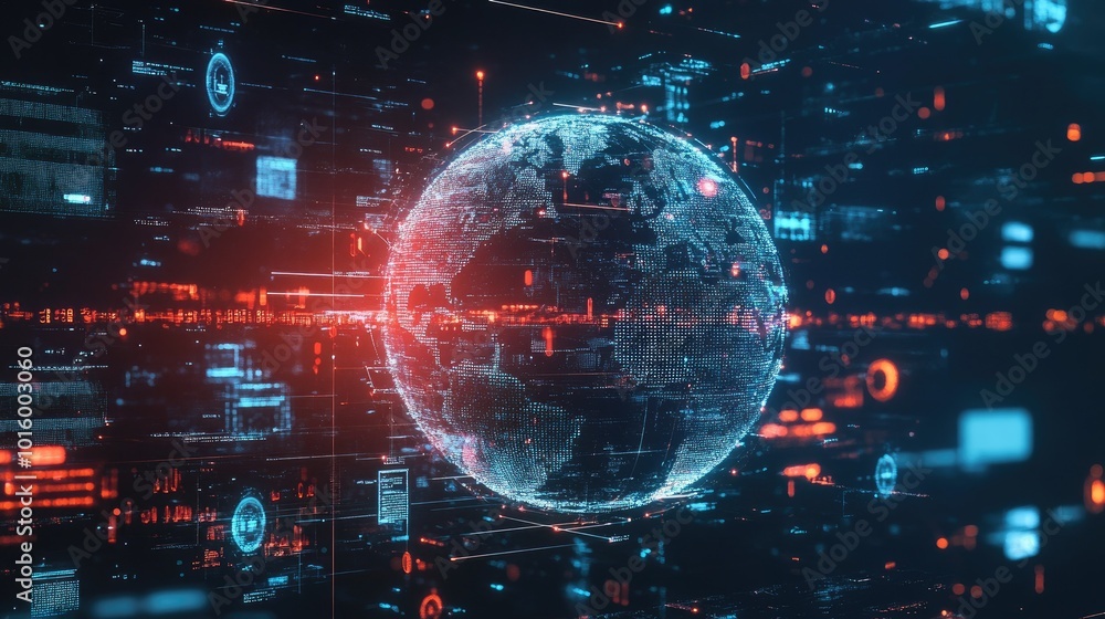 Aufkleber digital globe surrounded by firewall icons representing global cybersecurity. room for copy in the b