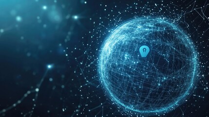 Obraz premium Digital globe with a security lock icon and binary code floating nearby, symbolizing global cybersecurity. Open space for text.