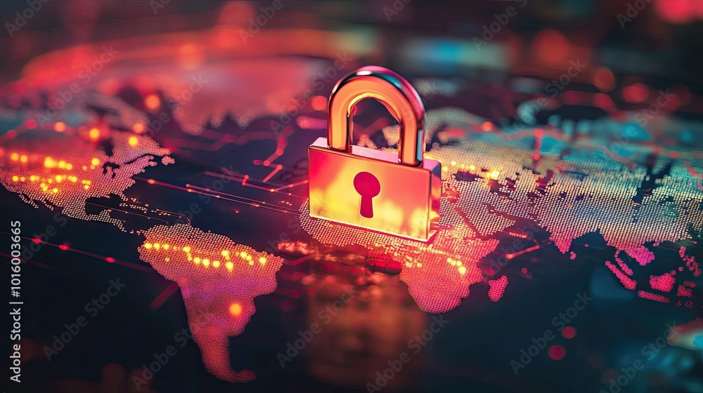 Poster digital lock icon hovering over a world map, symbolizing global cybersecurity. ample space for copy.
