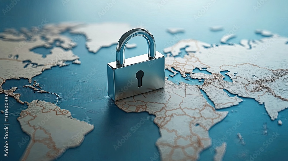 Poster digital padlock hovering over a world map, symbolizing global cybersecurity. room for text.