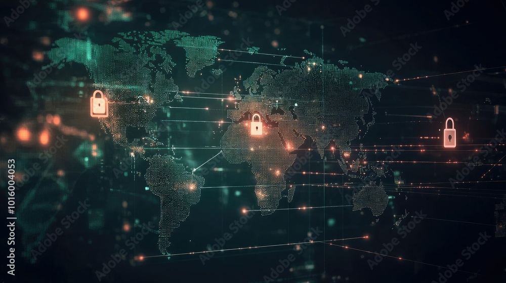 Poster futuristic digital world map with padlock icons hovering over it. ample space for copy.