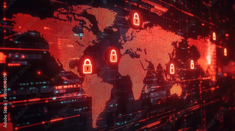 Poster futuristic digital world map with padlock icons hovering over it. ample space for copy.