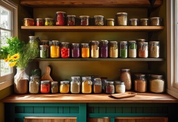 vibrant pantry stock showcasing abundant array diverse food supplies perfect nutritious cooking creative meal preparation, assortment, storage, organization