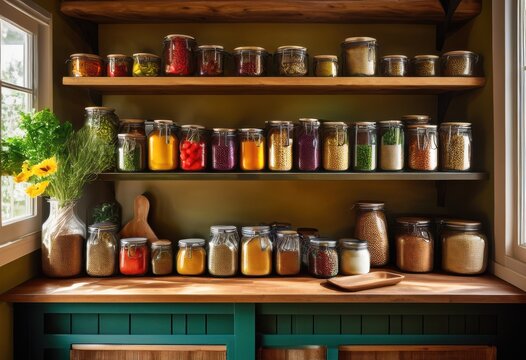vibrant pantry stock showcasing abundant array diverse food supplies perfect nutritious cooking creative meal preparation, assortment, storage, organization
