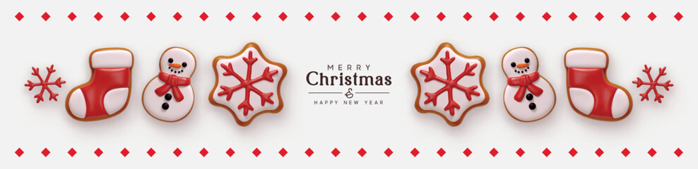 Christmas holiday horizontal banner, web poster, header for website with realistic 3d gingerbread cookies. Xmas border with sweet cookies cute snowman, red sock, snowflake. Vector illustration