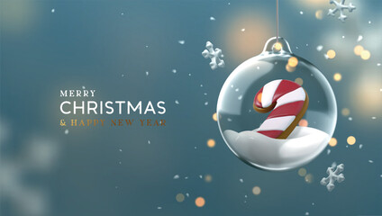 Christmas background with realistic 3d candy cane inside hanging transparent ornament, falling snowflakes and glow bokeh lights blue background, Merry Christmas and Happy New Year. Vector illustration