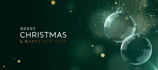Merry Christmas and Happy New Year banner. Realistic 3d design Elegant Christmas glass ornaments hanging on ribbon, golden confetti on dark green background. Xmas two bauble balls. Vector illustration