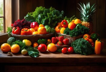 vibrant display colorful fruits vegetables highlighting health benefits diverse nutritional elements, organic, fresh, juicy, ripe, antioxidants, herbal