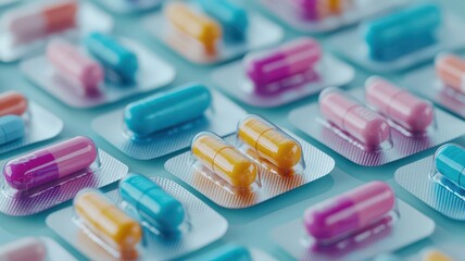 A close-up view of blister packs filled with a vibrant assortment of multicolored pills. 