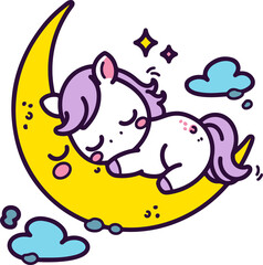 Cartoon unicorn resting on a crescent moon in flat color. Hand-drawn and isolated vector illustration, perfect for dreamy designs, easy to use for any project.