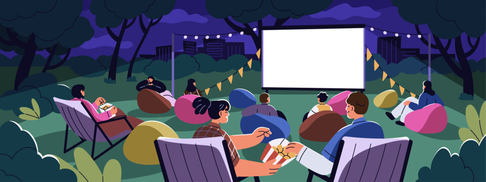 Outdoor cinema in park. Movie night, open-air event. People watching film on white screen, sitting on bean bags, chairs. Video festival in nature, entertainment in summer. Flat vector illustration